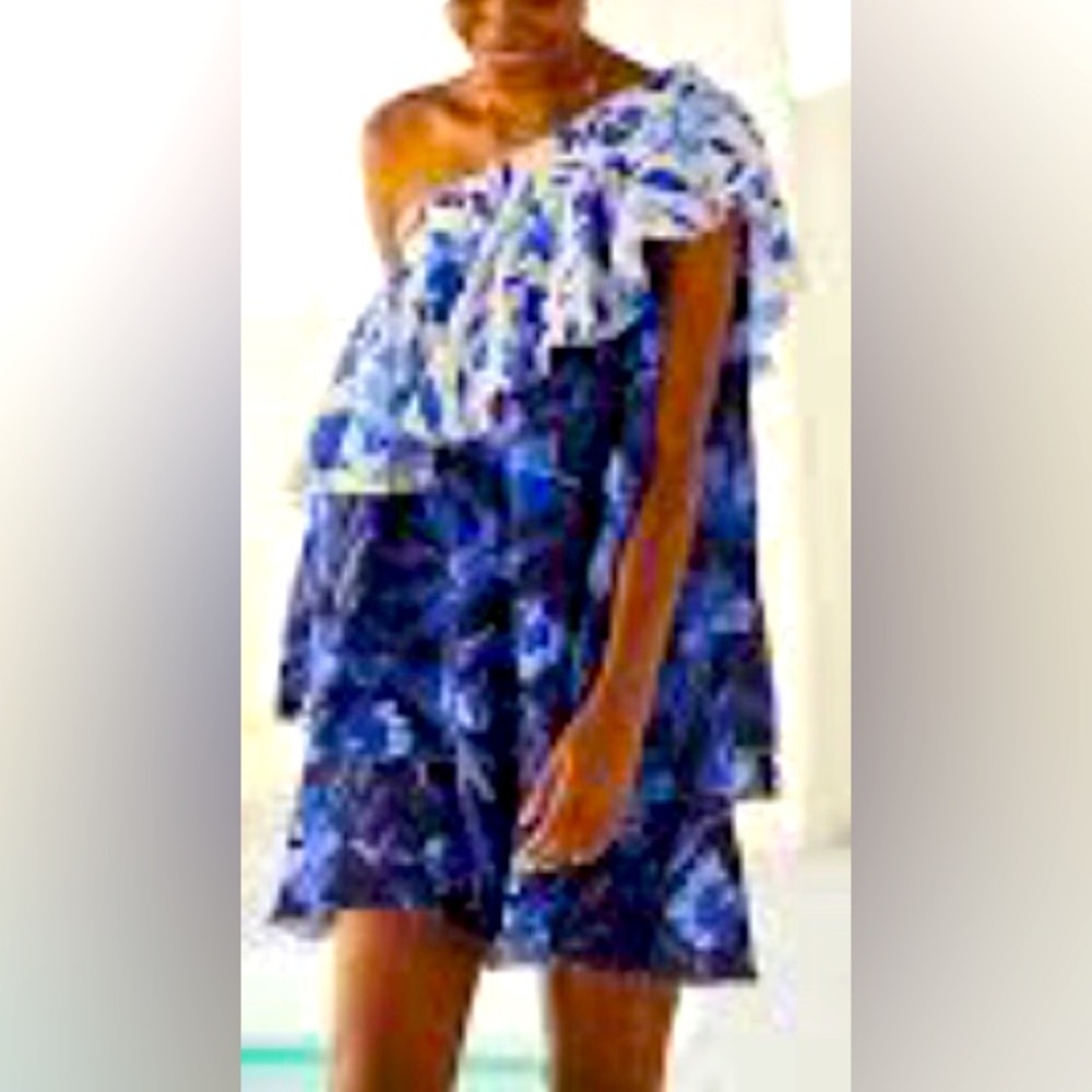 Anthropologie Tiered One Shoulder Mini Dress Small Blue Floral 100% Cotton Gauzy